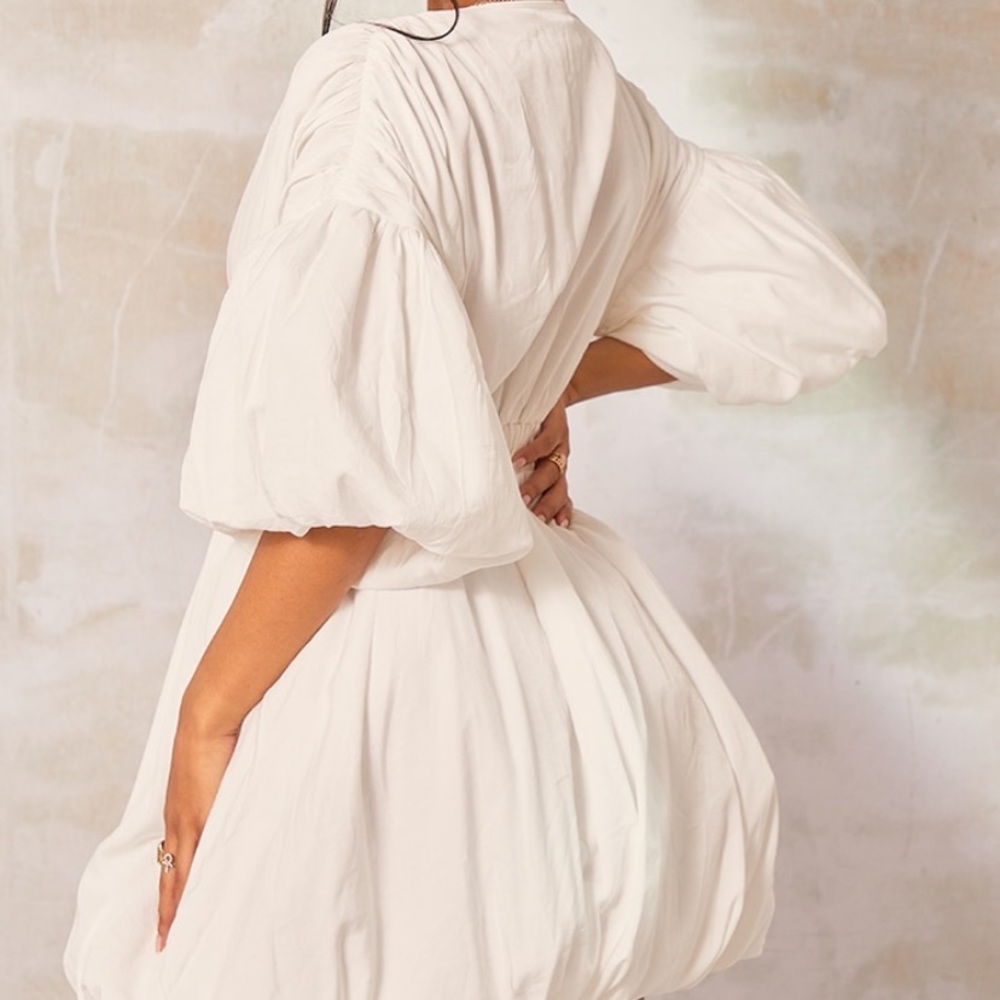 White Puff Sleeve Puffball Hem Shift Dress